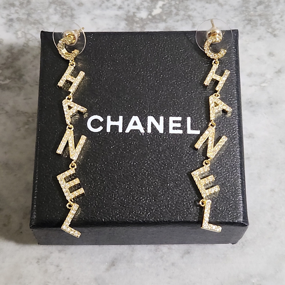 Chanel Gold 'CHANEL' Letter Drop Earrings✨️